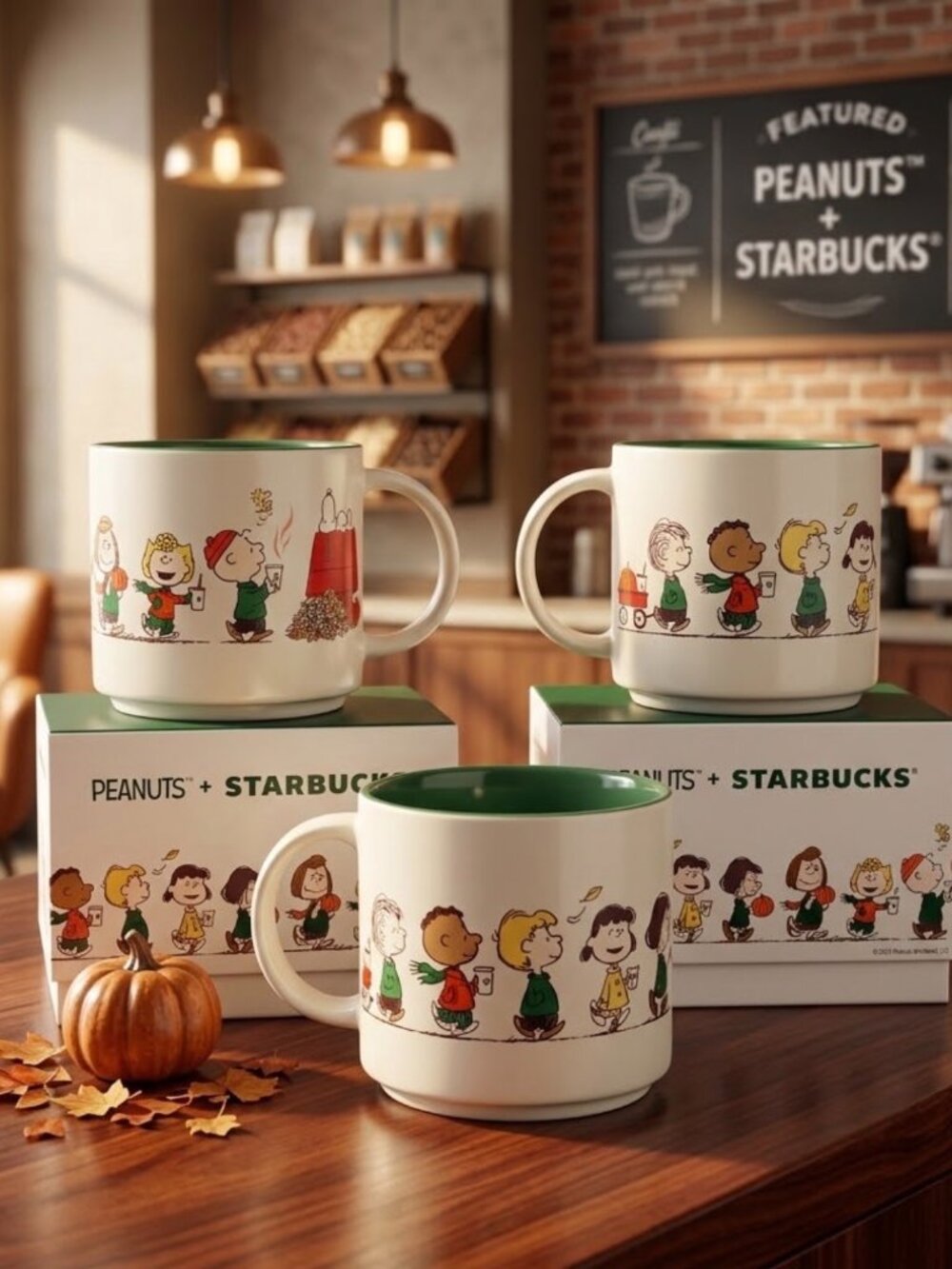 3 pack Peanuts & Starbucks Ceramic Mug Fall Collection 2026 Green Interior 14 oz